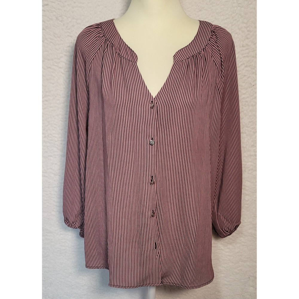 Adrienne Vittadini Women Blouse Sz XL Striped 3/4 Sleeve Missing Button 1491